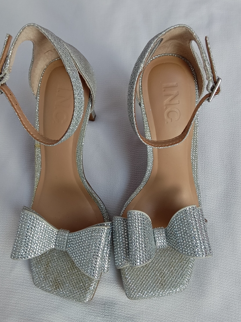 INC International Concepts Silver Glitter Bow Ankle-Strap Heels